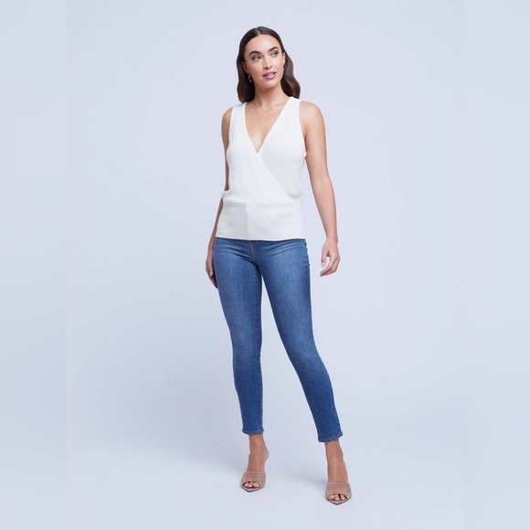 L'Agence Odessa Sweater Ivory Vest V-neck Sleeveless Surplice Ribbed Knit Small - Picture 2 of 8